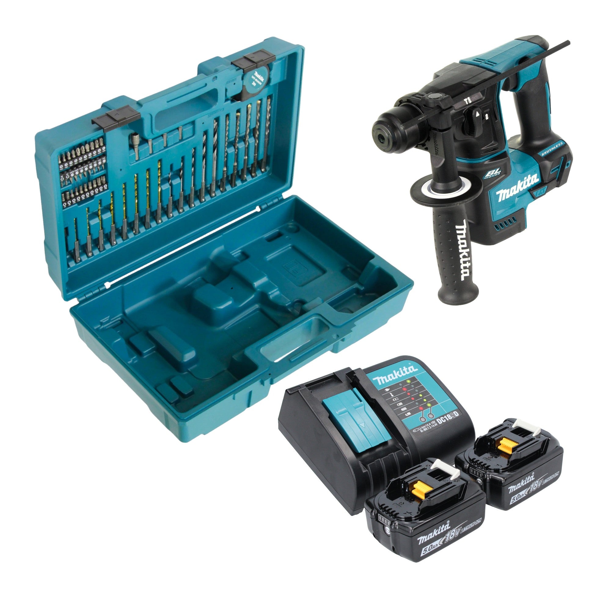 Makita DHR 171 STX3 Akku Bohrhammer 18 V 1 2 J SDS Plus Brushless 2x Akku 5 0 Ah Ladegeraet 65 tlg Zubehoer Set Koffer 0 - toolbrothers