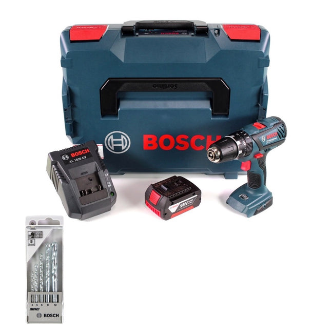Bosch GSB 18-2-Li Plus Professional 18 V Akku Schlagbohrschrauber in L-Boxx mit 1x GBA 3,0 Ah Akku + Ladegerät + Bosch 5 tlg. Steinbohrer Set Impact 4 - 10 mm - Toolbrothers