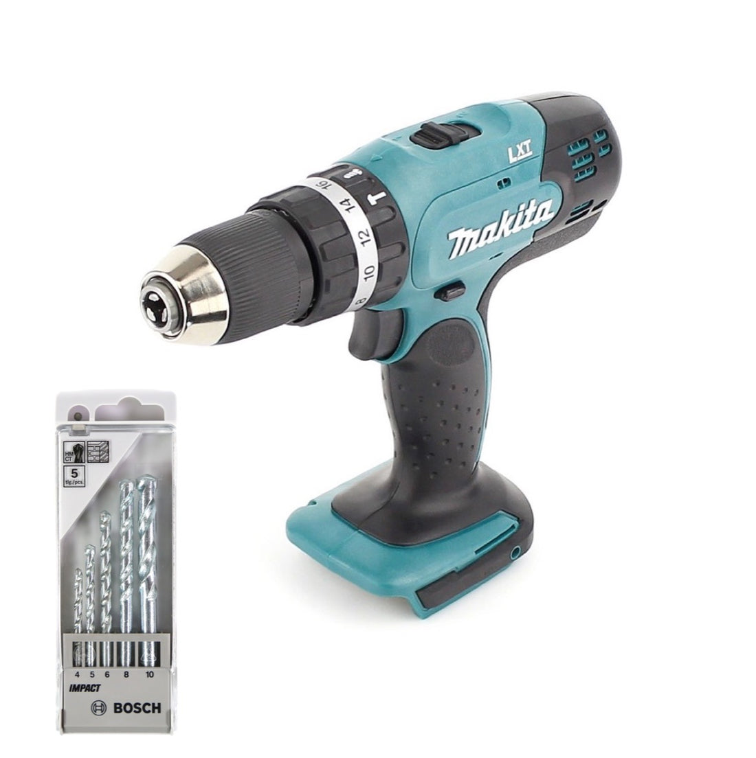 Makita DHP 453 Z Akku Schlagbohrschrauber 18V 42Nm Solo + Bosch 5 tlg. Steinbohrer Set Impact 4 - 10 mm