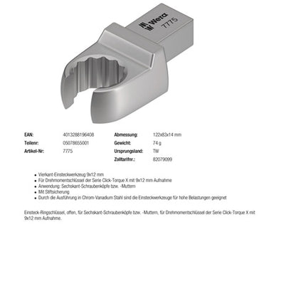 Wera Einsteckringschlüssel 7775 ( 8000377418 ) Schlüsselweite 17 mm 9 x 12 mm
