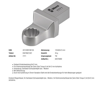 Wera Einsteckringschlüssel 7771 ( 8000377411 ) Schlüsselweite 8 mm 9 x 12 mm