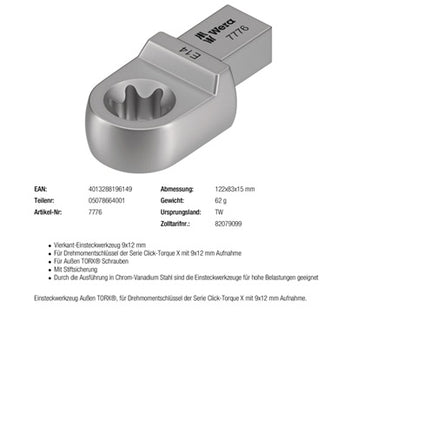 Klucz nasadowy Wera 7776 ( 8000377440 ) Szerokość w poprzek TX 14 9 x 12 mm