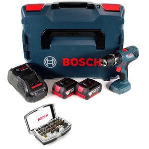 Bosch GSB 18 V-21 Trapano professionale avvitatore con percussione a batteria in valigetta L-Boxx + 2x Batterie 3,0Ah + Caricabatterie GAL 1880 CV + Set di punte Wiha Dinotech Edition da 32 pezzi