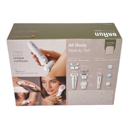 BRAUN Silk-épil 9 Flex 9-100 zestaw kosmetyczny depilator damski / depilator + szczoteczka do oczyszczania twarzy FaceSpa + 9 nasadek + torba biały / złoty