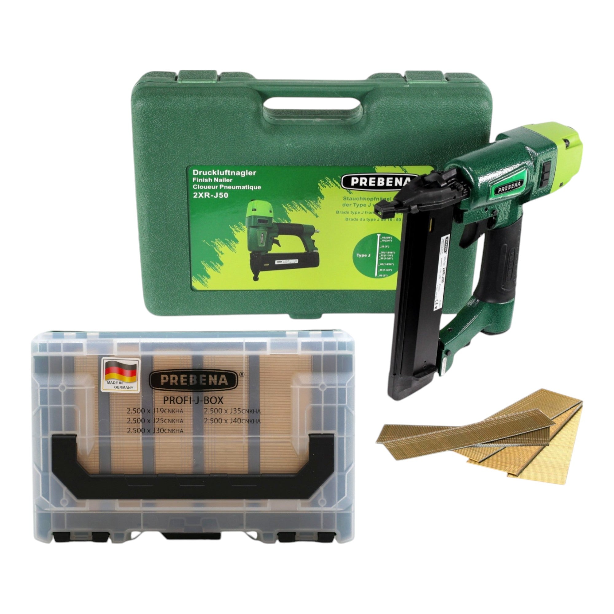 Prebena 2XR J50 Druckluftnagler 4 0 7 0 Bar PROFI J BOX Stauchkopfnaegel Brads 12500 Stk Koffer 0 - toolbrothers