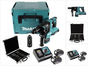 Makita DHR 281 RTJ 2 x 18 V Li-Ion Akku Bohrhammer Brushless 28 mm für SDS-PLUS mit Schnellwechselfutter im Makpac + 2 x 5,0 Ah Akku + Ladegerät + 11 tlg. Meißel- und Bohrer Set