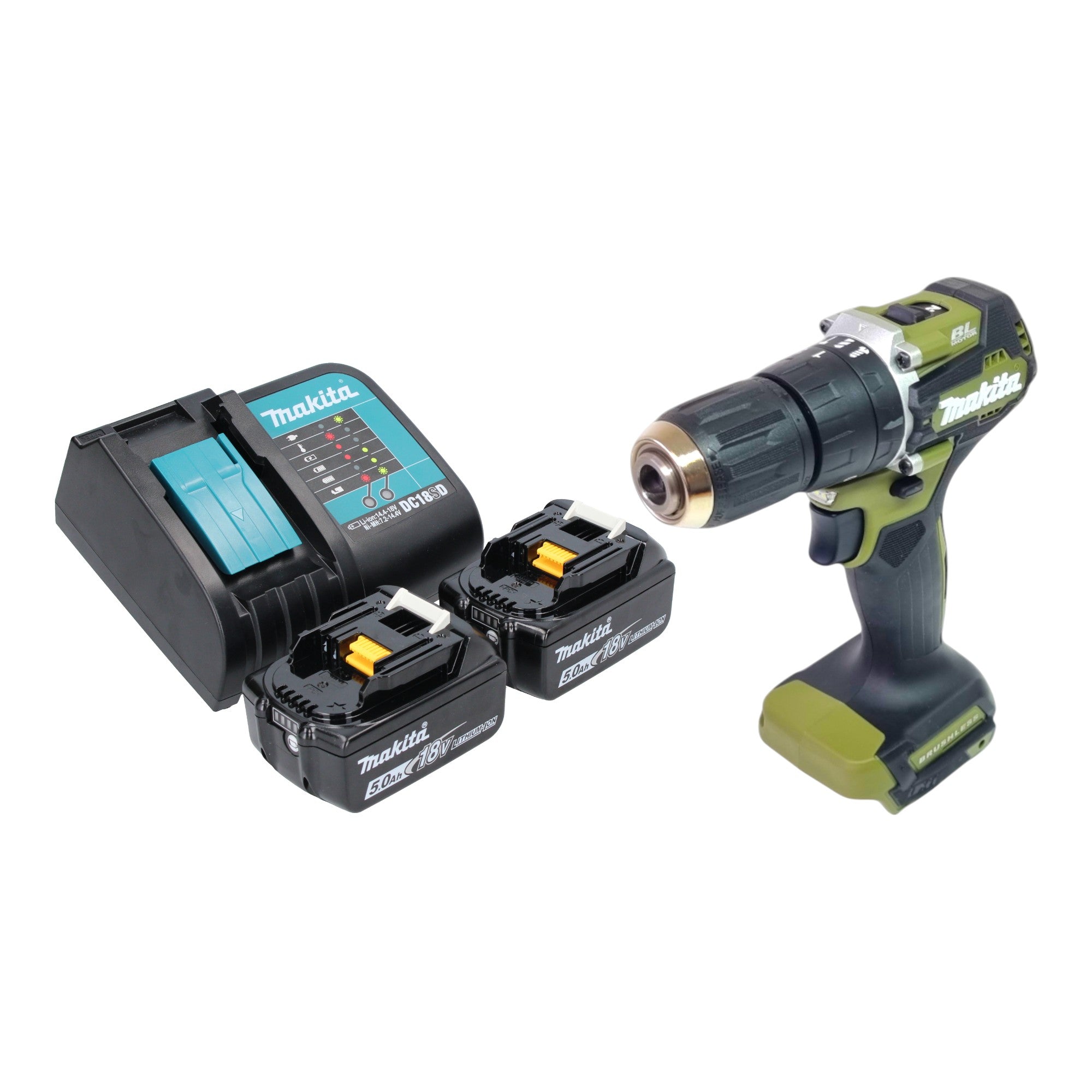 Makita DHP 487 STO Akku Schlagbohrschrauber 18 V 40 Nm Brushless Olive Outdoor Adventure Serie 2x Akku 5 0 Ah Ladegeraet 0 - toolbrothers