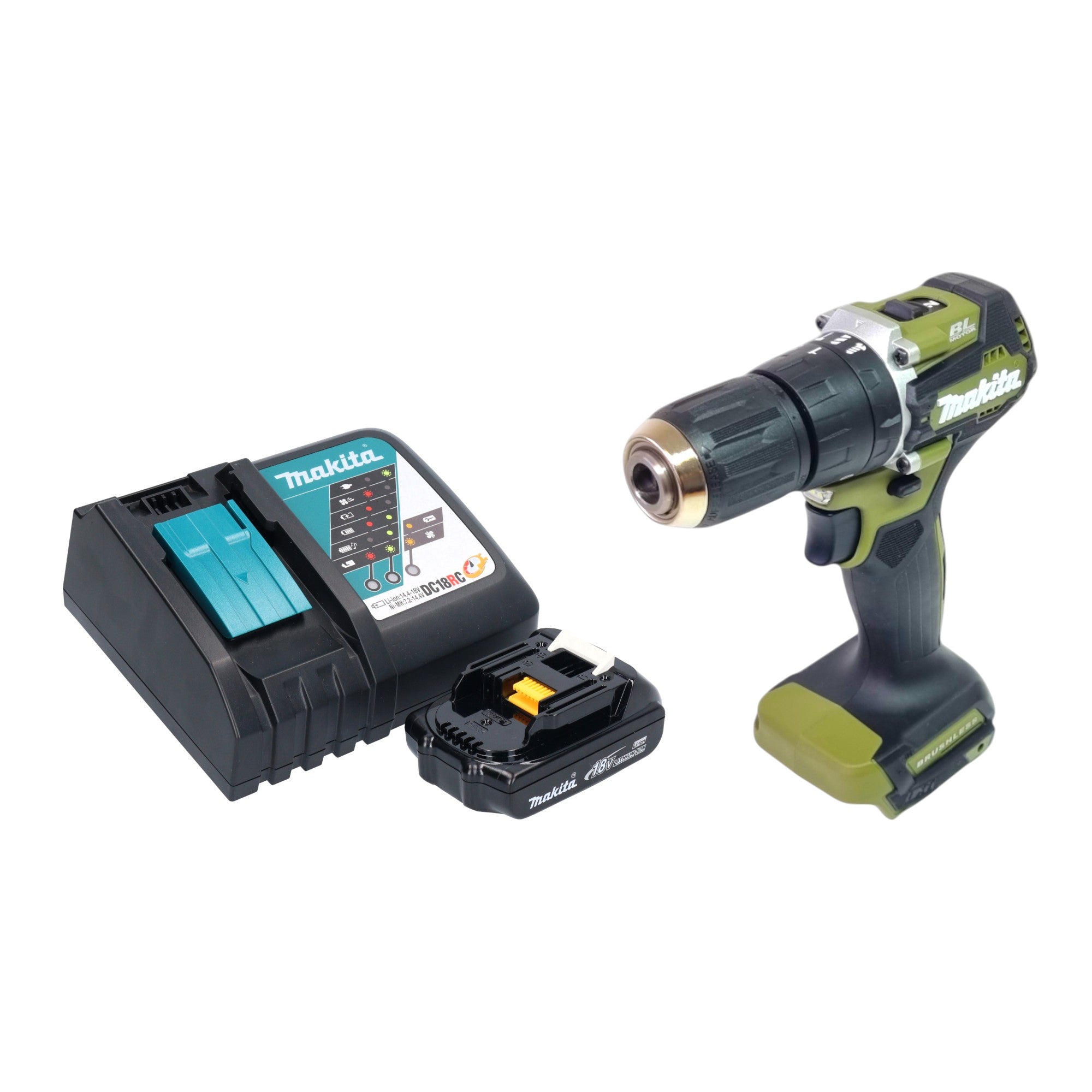 Makita DHP 487 RY1O Akku Schlagbohrschrauber 18 V 40 Nm Brushless Olive Outdoor Adventure Serie 1x Akku 1 5 Ah Ladegeraet 0 - toolbrothers