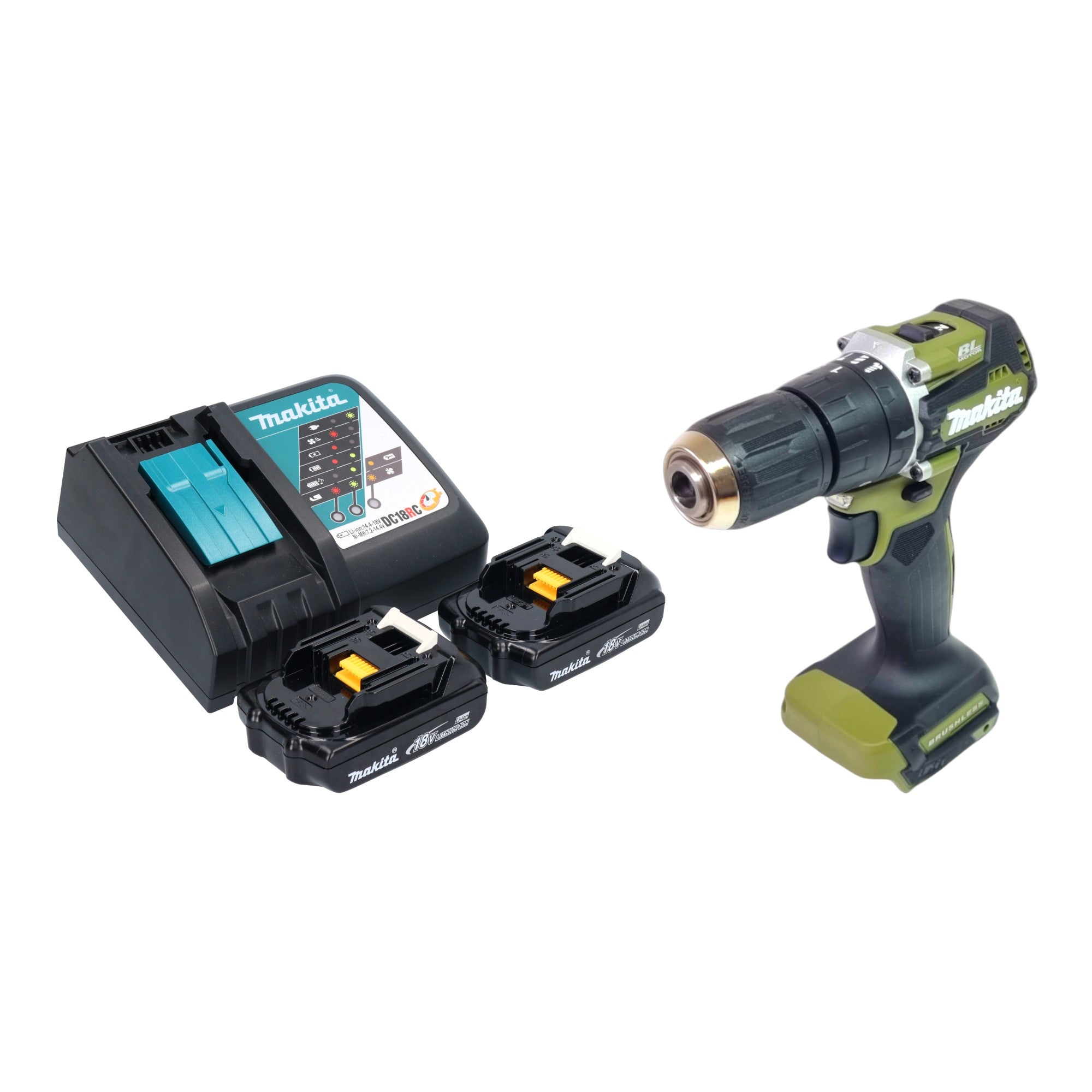 Makita DHP 487 RYO Akku Schlagbohrschrauber 18 V 40 Nm Brushless Olive Outdoor Adventure Serie 2x Akku 1 5 Ah Ladegeraet 0 - toolbrothers