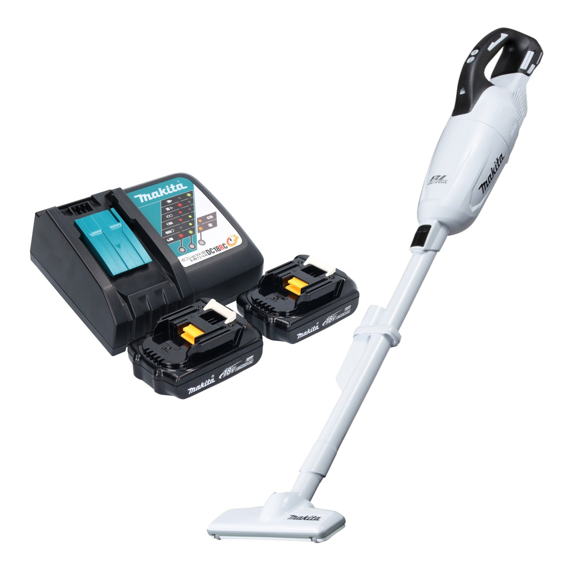 Makita DCL 281 FRYW Akku Staubsauger 18 V weiss Brushless 2x Akku 1 5 Ah Ladegeraet 0 - toolbrothers