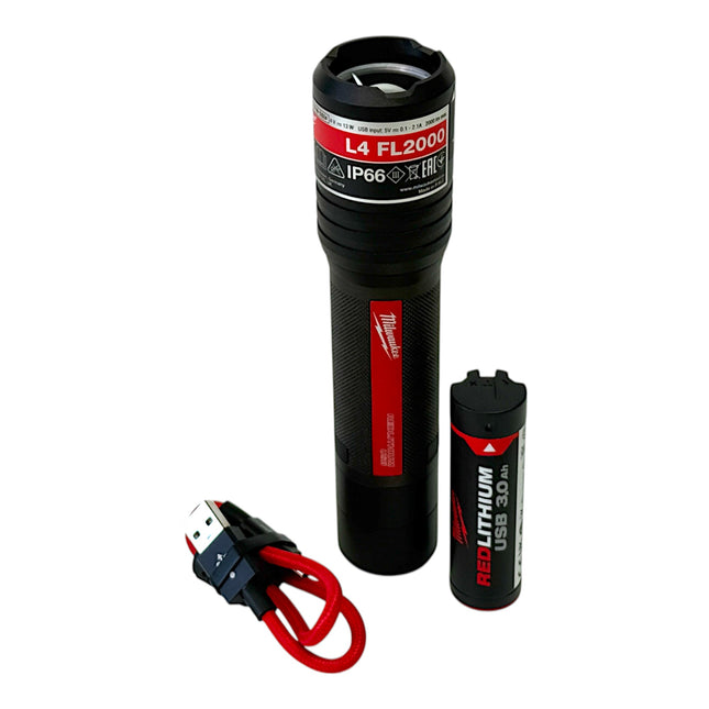Milwaukee L4 FL2000 301 Akku Taschenlampe IP 66 2000 Lumen USB 4933479637 1x Akku 3 0 Ah USB Kabel 0 - toolbrothers