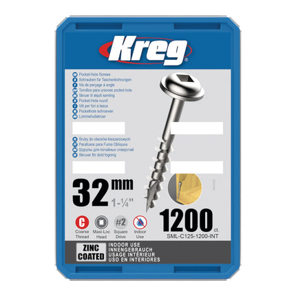 Kreg SML C125 1200 Pocket Hole Taschenloch Schrauben 4 0 x 32 mm 1200 Stk Grobgewinde Maxi Loc Verzinkt fuer Holz 1 - toolbrothers