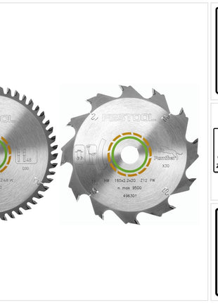 Festool Feinzahn Kreissägeblatt HW 160 x 20 x 2,2 mm W48 160 mm 48 Zähne ( 491952 ) + Festool Panther Kreissägeblatt HW 160 x 20 x 2,2 PW12 12 Zähne ( 496301 ) - Toolbrothers