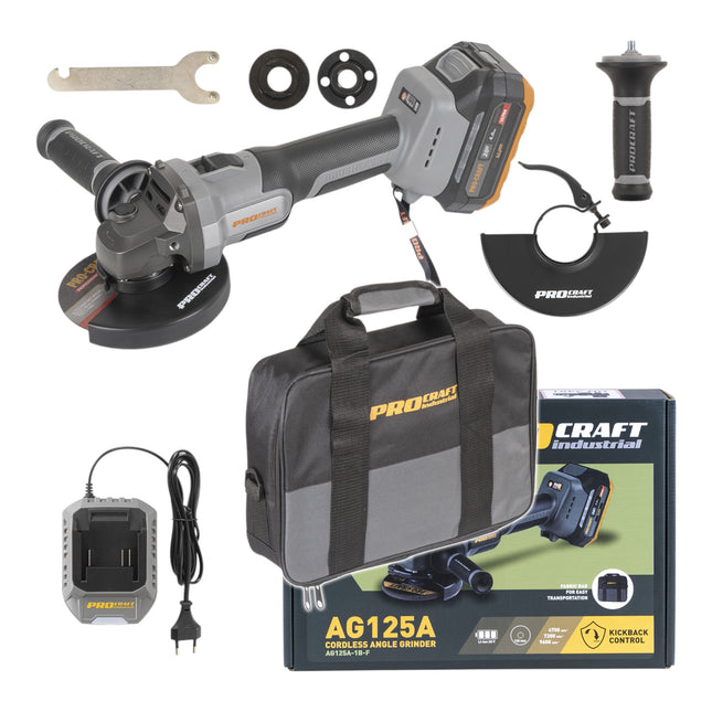Procraft Industrial AG125A 1B F Akku Winkelschleifer 20 V 125 mm Brushless 1x Akku 4 0 Ah Ladegeraet Tasche 0 - toolbrothers