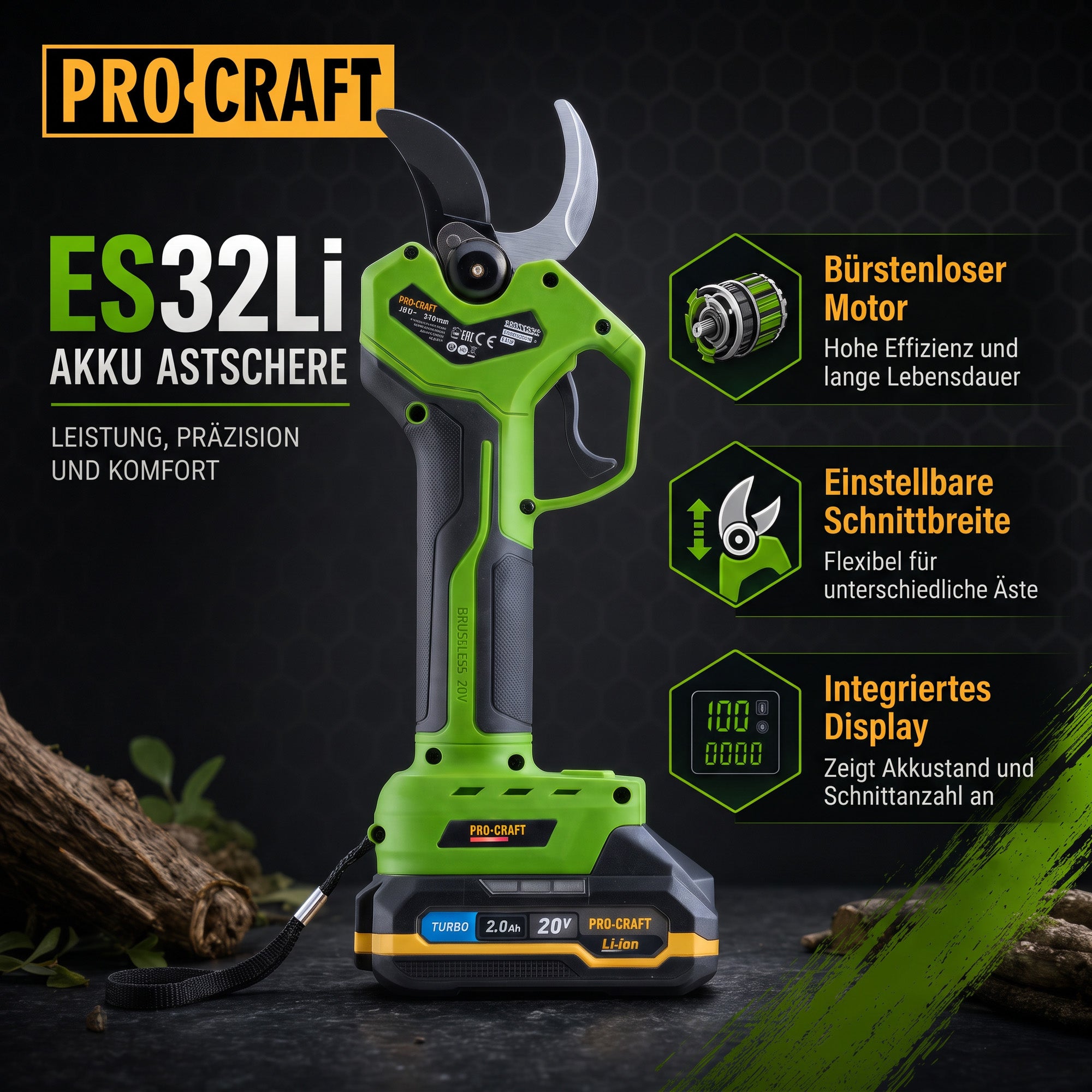 Procraft ES32Li Akku Astschere 20 V Brushless 1x Akku 2 0 Ah Ladegeraet Koffer 1 - toolbrothers