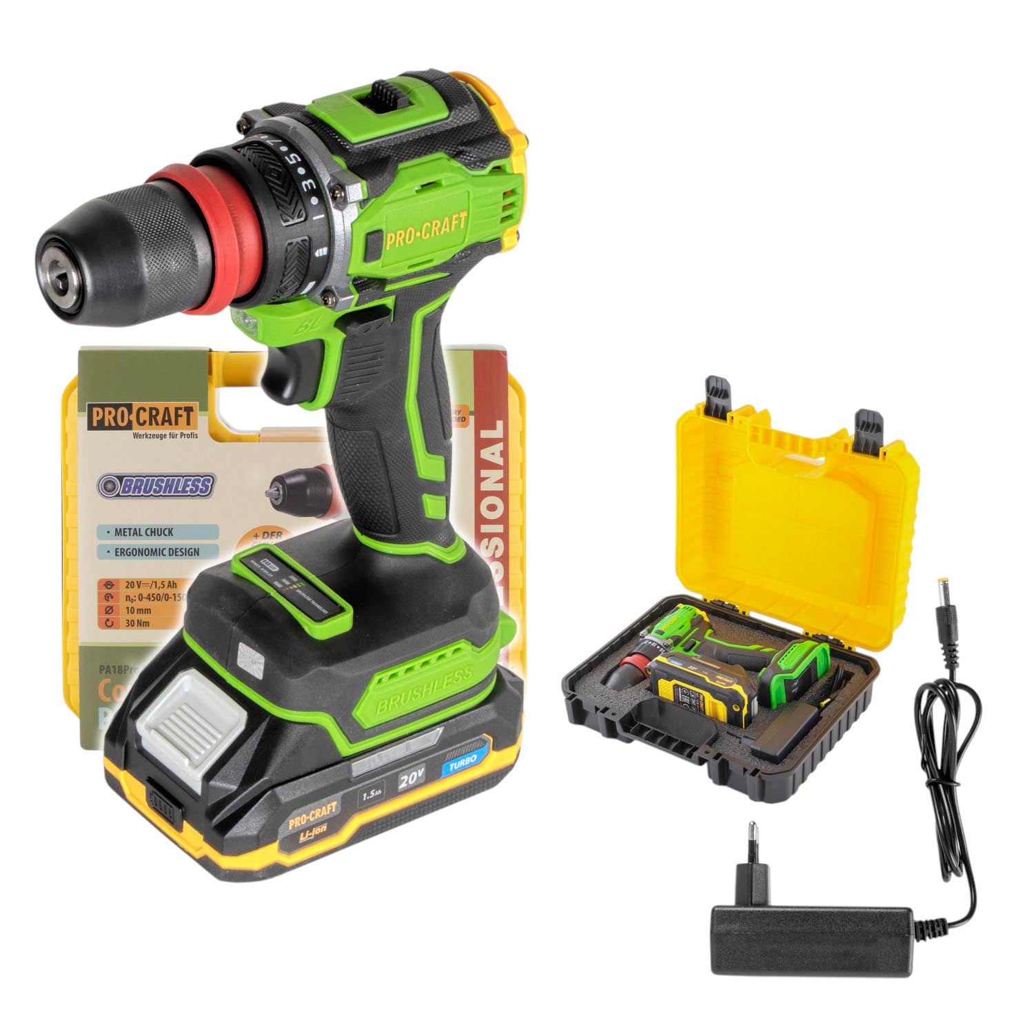 Procraft PA18ProDFR Akku Bohrschrauber 20 V 30 Nm Brushless 1x Akku 1 5 Ah Ladegeraet Koffer 0 - toolbrothers