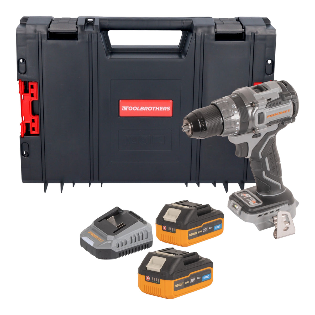 Procraft CD20Abb Trapano avvitatore a batteria 20 V 85 Nm + 2x batteria 4,0 Ah + caricabatteria + valigetta RHINO