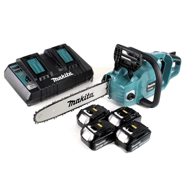 Makita DUC 353 PT4 Akku Kettensäge 36V ( 2x18V ) Brushless 35 cm + 4x 5,0 Ah Akku + Doppelladegerät - Toolbrothers