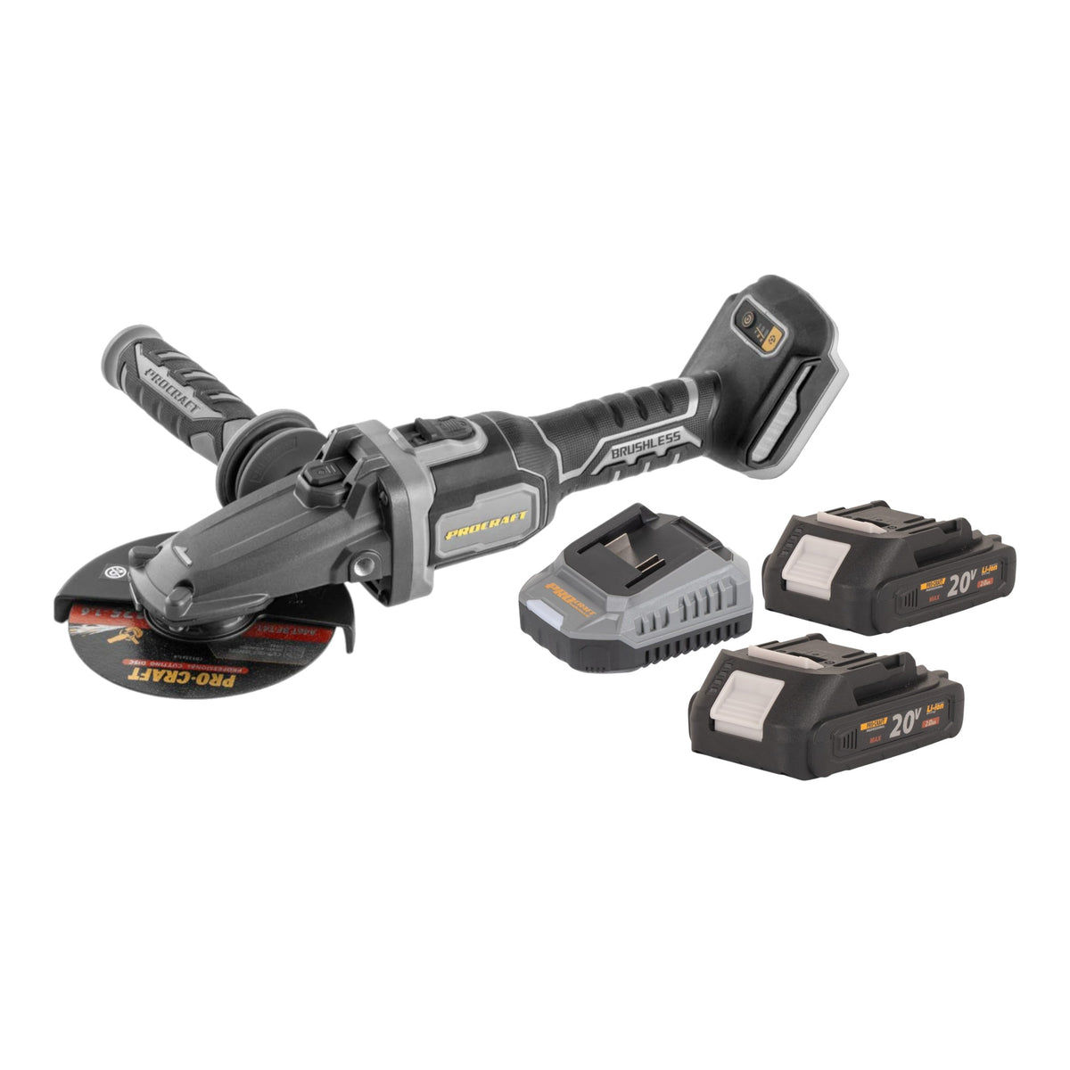Procraft Industrial AG125Cbb Smerigliatrice angolare a testa piatta con batteria 20 V 125 mm Brushless + 2x batteria 2,0 Ah + caricabatteria