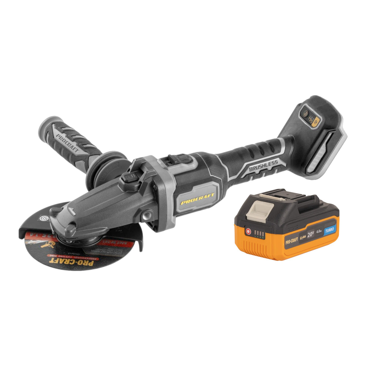 Smerigliatrice angolare a batteria Procraft Industrial AG125Cbb con testa piatta 20 V 125 mm Brushless + 1x batteria 4,0 Ah - senza caricabatteria