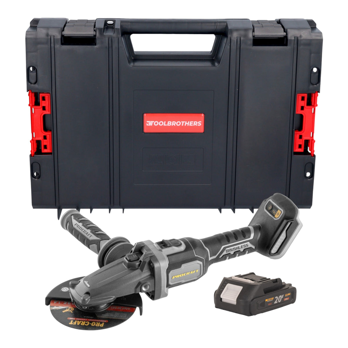 Procraft Industrial AG125Cbb Akku Flachkopf Winkelschleifer 20 V 125 mm Brushless + 1x Akku 2,0 Ah + RHINO Toolcase - ohne Ladegerät