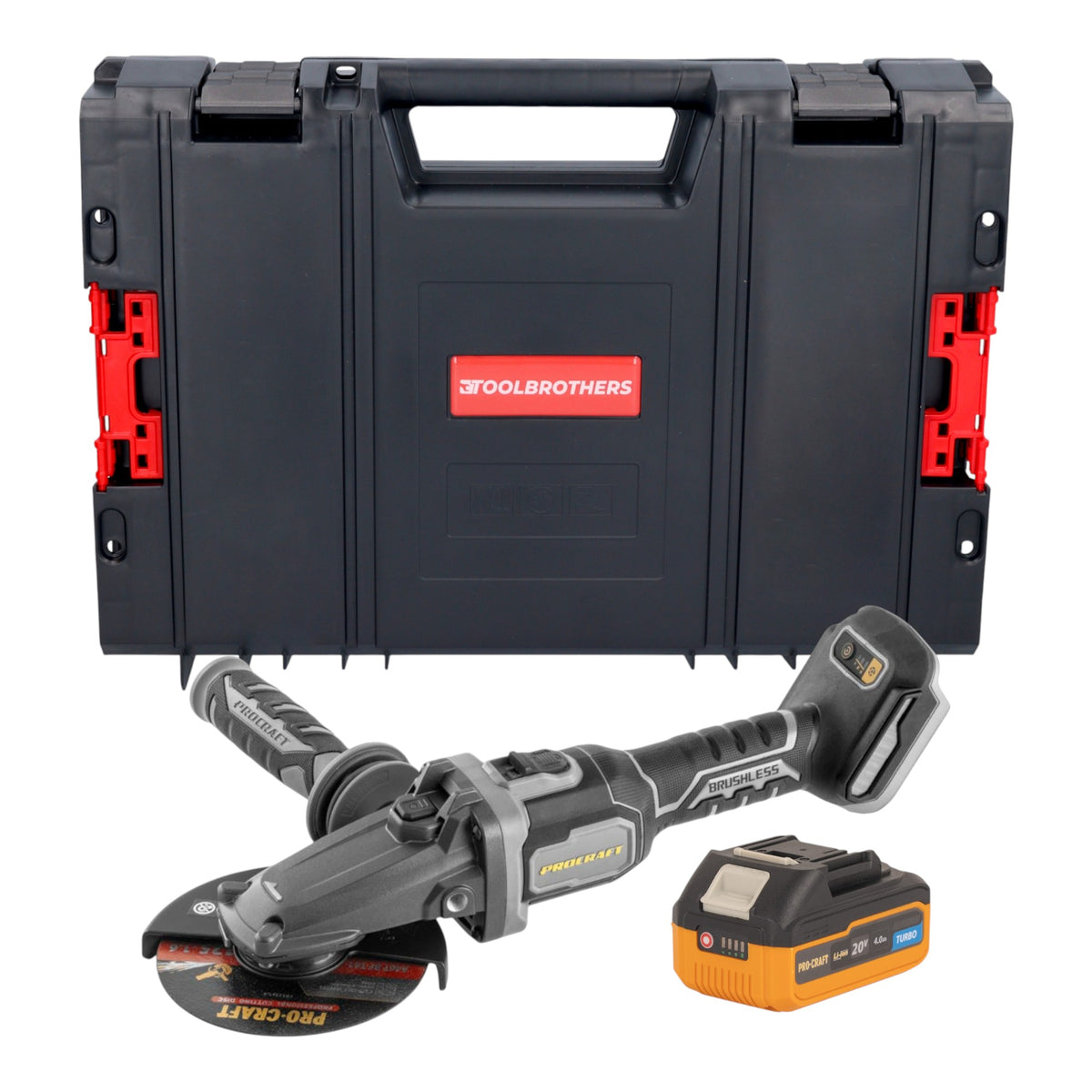 Procraft Industrial AG125Cbb Meuleuse d'angle sans fil à tête plate 20 V 125 mm Brushless + 1x batterie 4,0 Ah + boîte à outils RHINO - sans chargeur