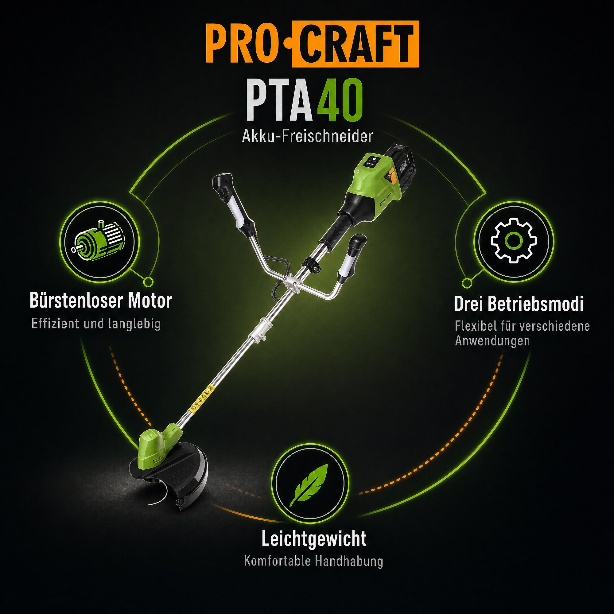 Procraft PTA40 Akku Freischneider 40 V 2x 20 V 300 mm Brushless Solo ohne Akku ohne Ladegeraet 1 - toolbrothers