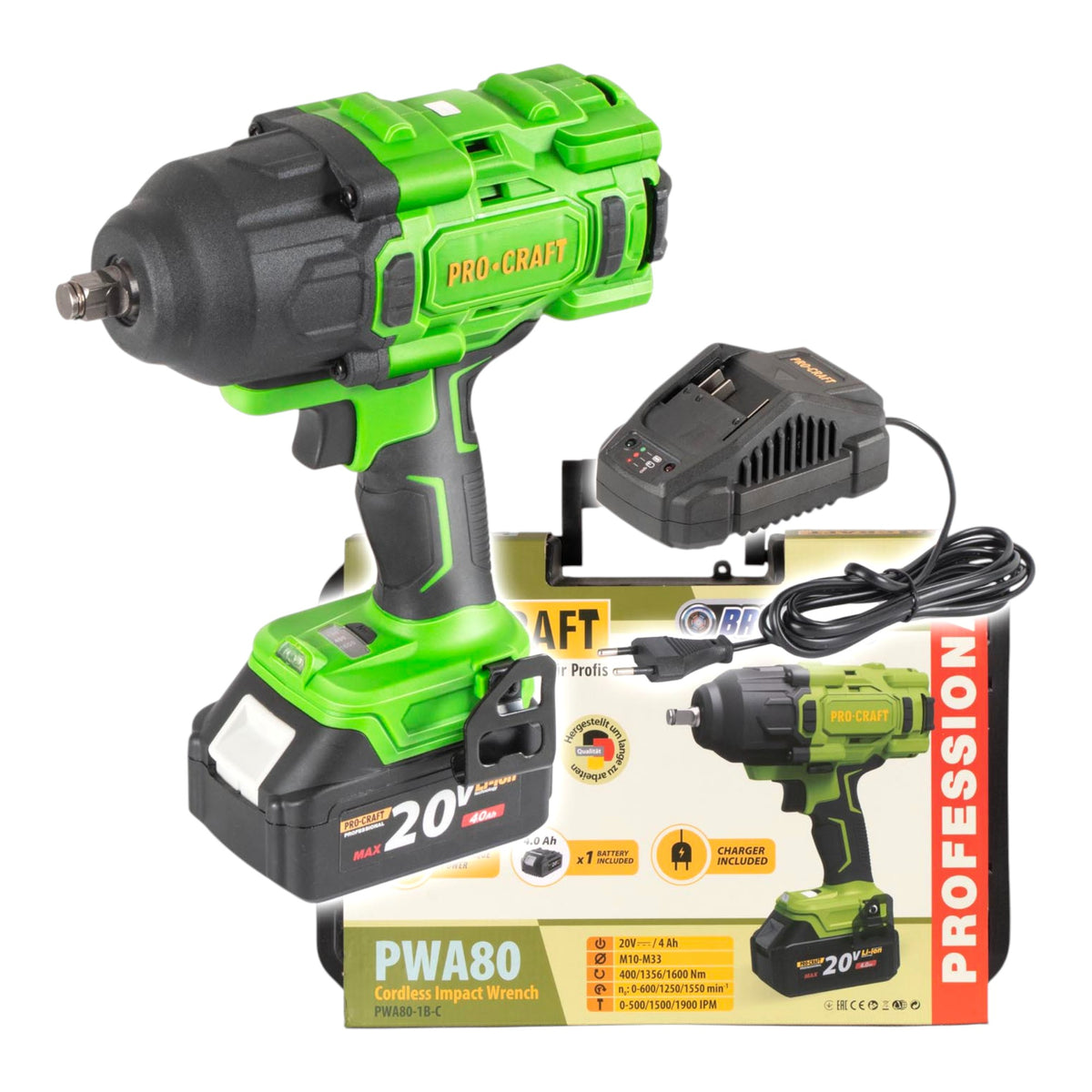 Procraft PWA80-1B-C Avvitatore a impatto a batteria 20 V 1600 Nm 1/2" Brushless + 1x batteria 4,0 Ah + caricabatteria + valigetta