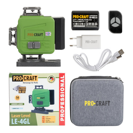 Procraft LE 4GL Akku Linien Kreuzlinienlaser Set 3 7 V 40 m gruen selbstnivellierend inkl Akkus Ladegeraet Zubehoer 0 - toolbrothers