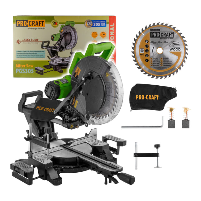 Procraft PGS305 Kapp und Gehrungssaege 2000 W 305 mm Saegeblatt 40 Z Staubfangbeutel 0 - toolbrothers