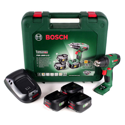Bosch Heimwerker PSR 1800 Li-2 3X 18 V Akku Bohrschrauber im Transportkoffer + 3 x 1,5 Ah Akku + Ladegerät ( 06039A3102 ) - Toolbrothers
