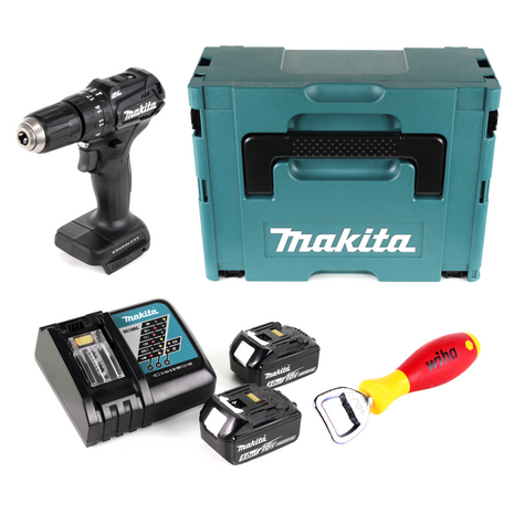 Makita DHP 483 RTJB Akku Schlagbohrschrauber 18 V 40Nm schwarz im Makpac + Wiha Flaschenöffner + 2x 5,0 Ah Akku + Ladegerät - Toolbrothers