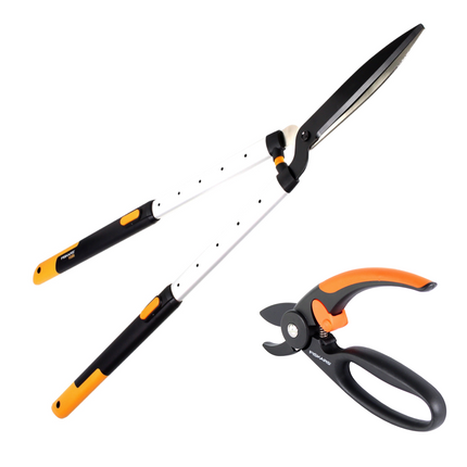 Fiskars Set 1x Teleskop Heckenschere HS86 68 cm auf 93 cm + 1x P43 Amboss Gartenschere Fingerloop - Toolbrothers