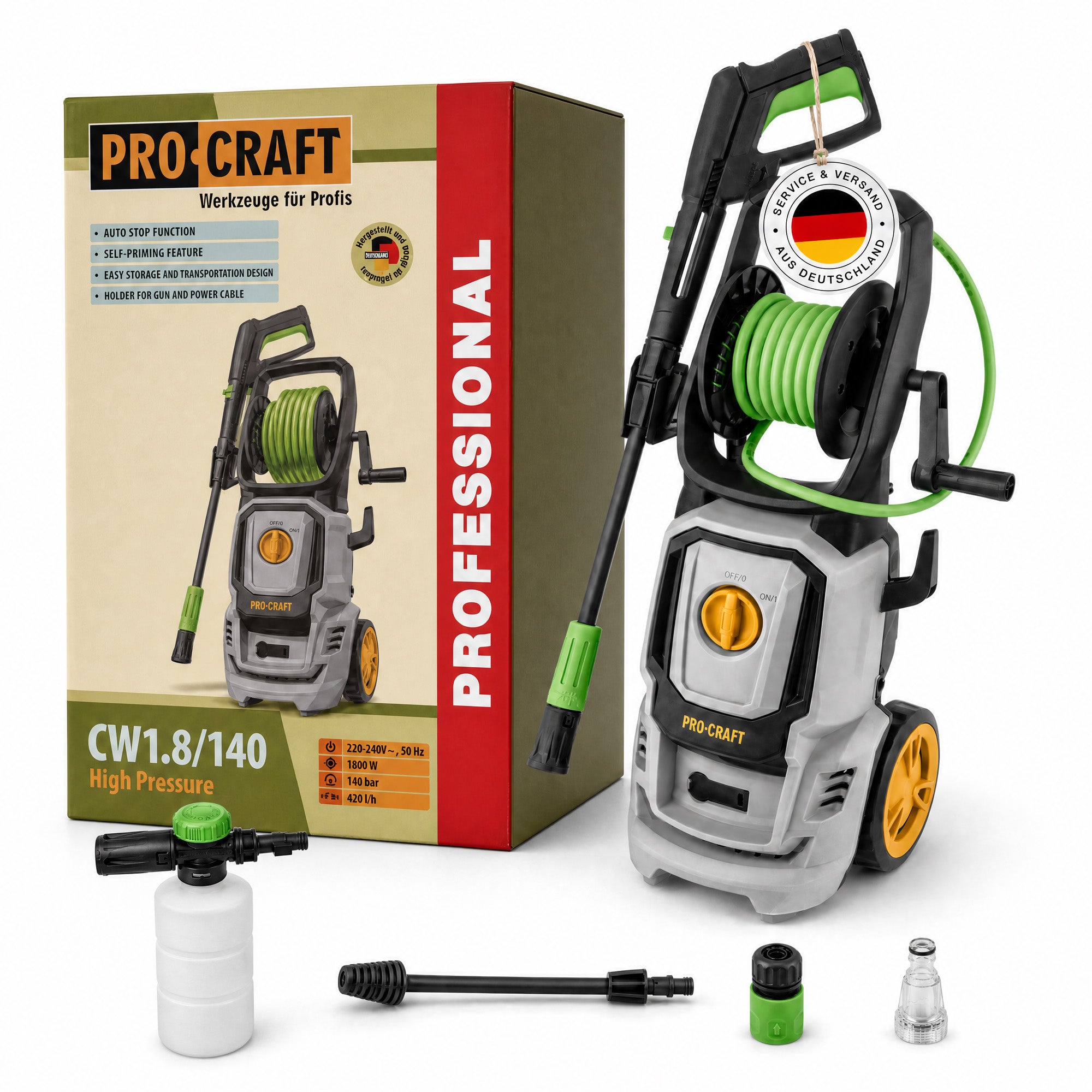 Procraft CW1 8 140 Kaltwasser Hochdruckreiniger 1800 Watt 140 bar 7 l min Zubehoer Max Wassertemperatur 40 C 0 - toolbrothers