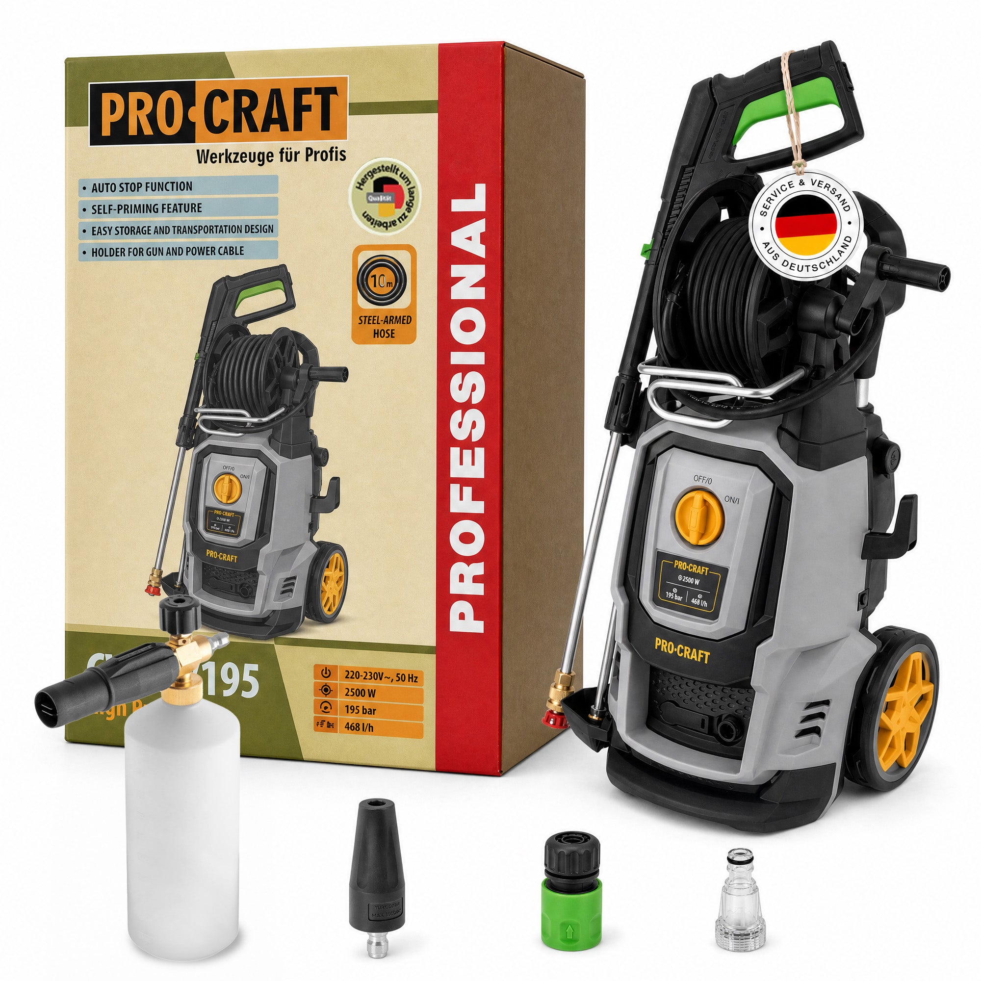 Procraft CW2 5 195 Kaltwasser Hochdruckreiniger 2500 Watt 195 bar 7 8 l min Zubehoer Max Wassertemperatur 40 C 0 - toolbrothers
