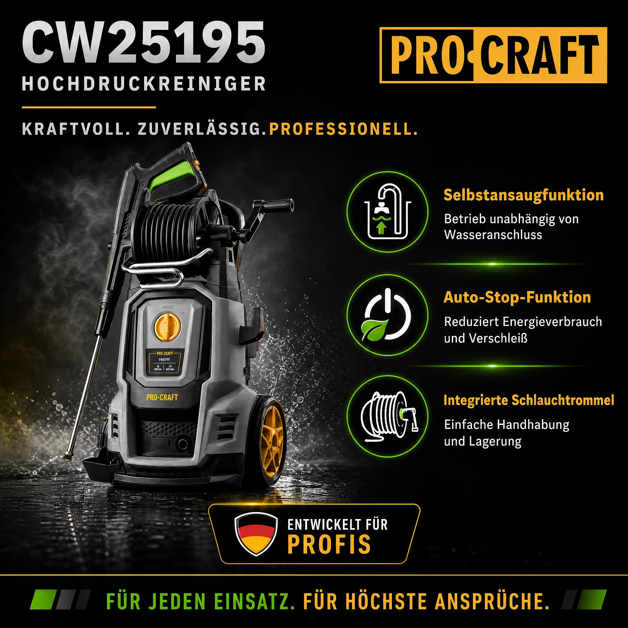 Procraft CW2 5 195 Kaltwasser Hochdruckreiniger 2500 Watt 195 bar 7 8 l min Zubehoer Max Wassertemperatur 40 C 2 - toolbrothers