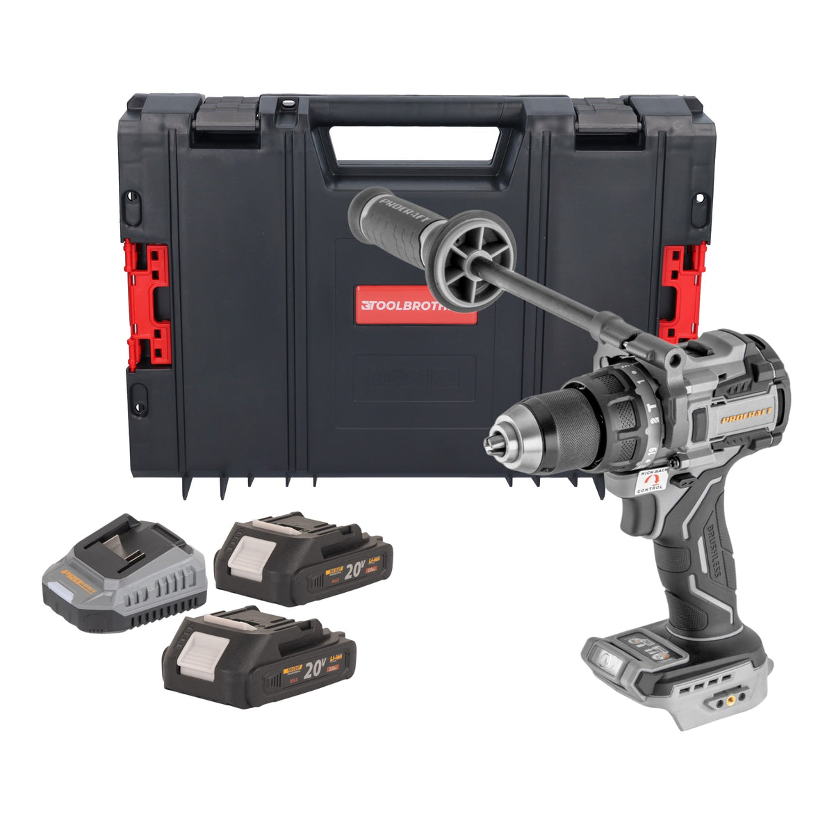 ProCraft Industrial CD20C-BB Akku Schlagbohrschrauber 20 V 120 Nm Brushless + 2x Akku 2,0 Ah + Ladegerät + RHINO Toolcase