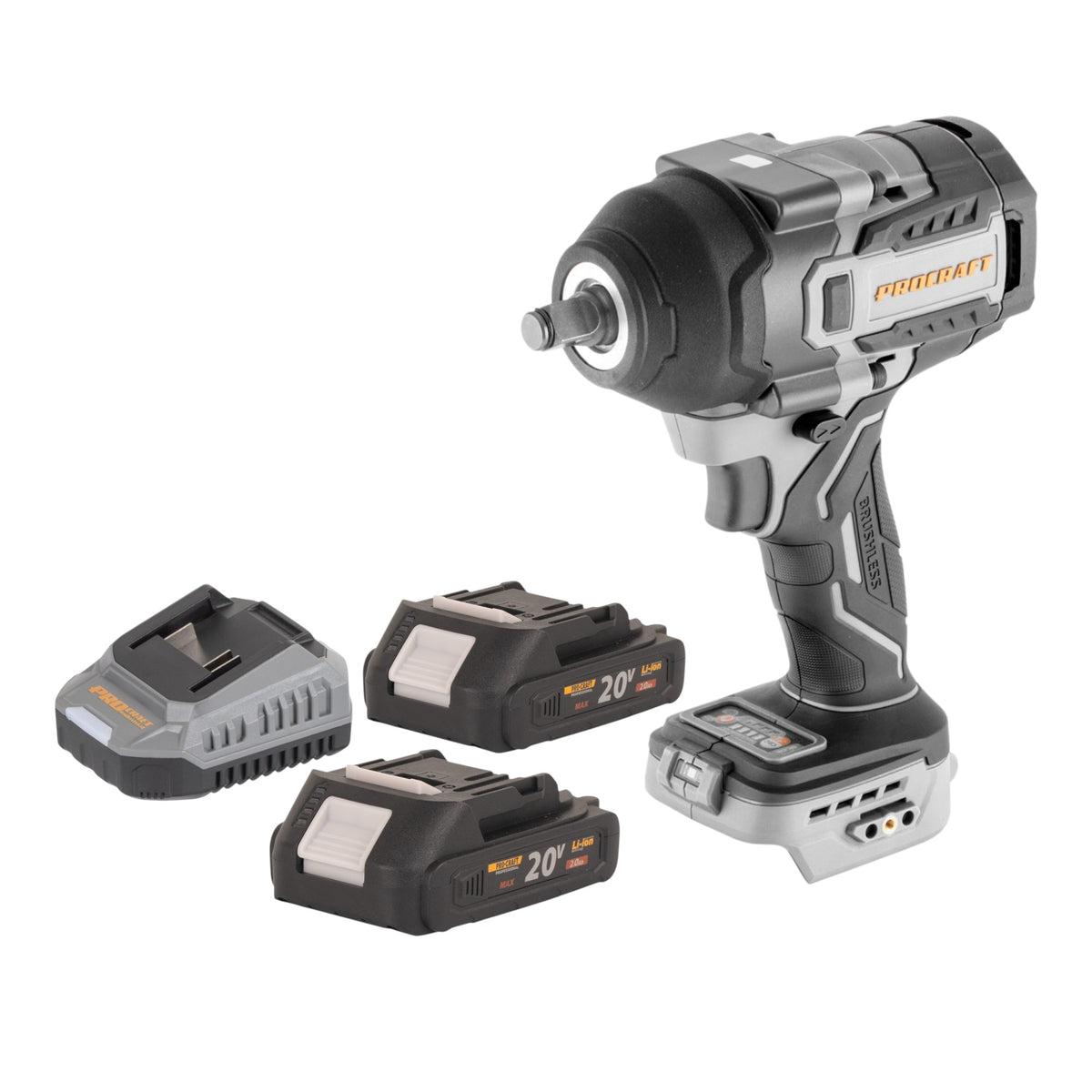 Avvitatore a impatto a batteria ProCraft Industrial IW850A-BB 20 V 850 Nm 1/2" brushless + 2 batterie da 2,0 Ah + caricabatterie