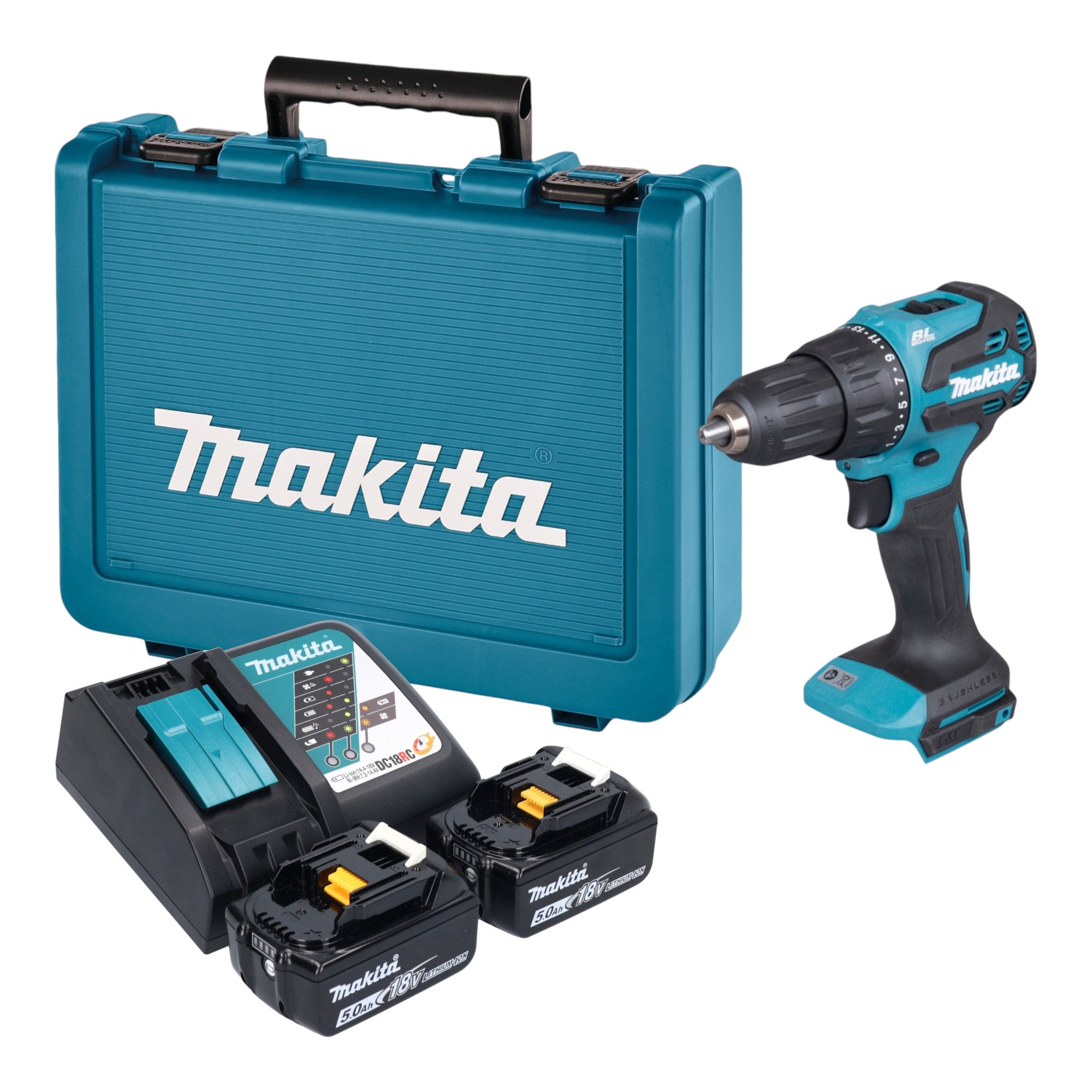 Makita DHP 490 RTE Akku Schlagbohrschrauber 18 V 65 Nm Brushless 2x Akku 5 0 Ah Ladegeraet Koffer 0 - toolbrothers