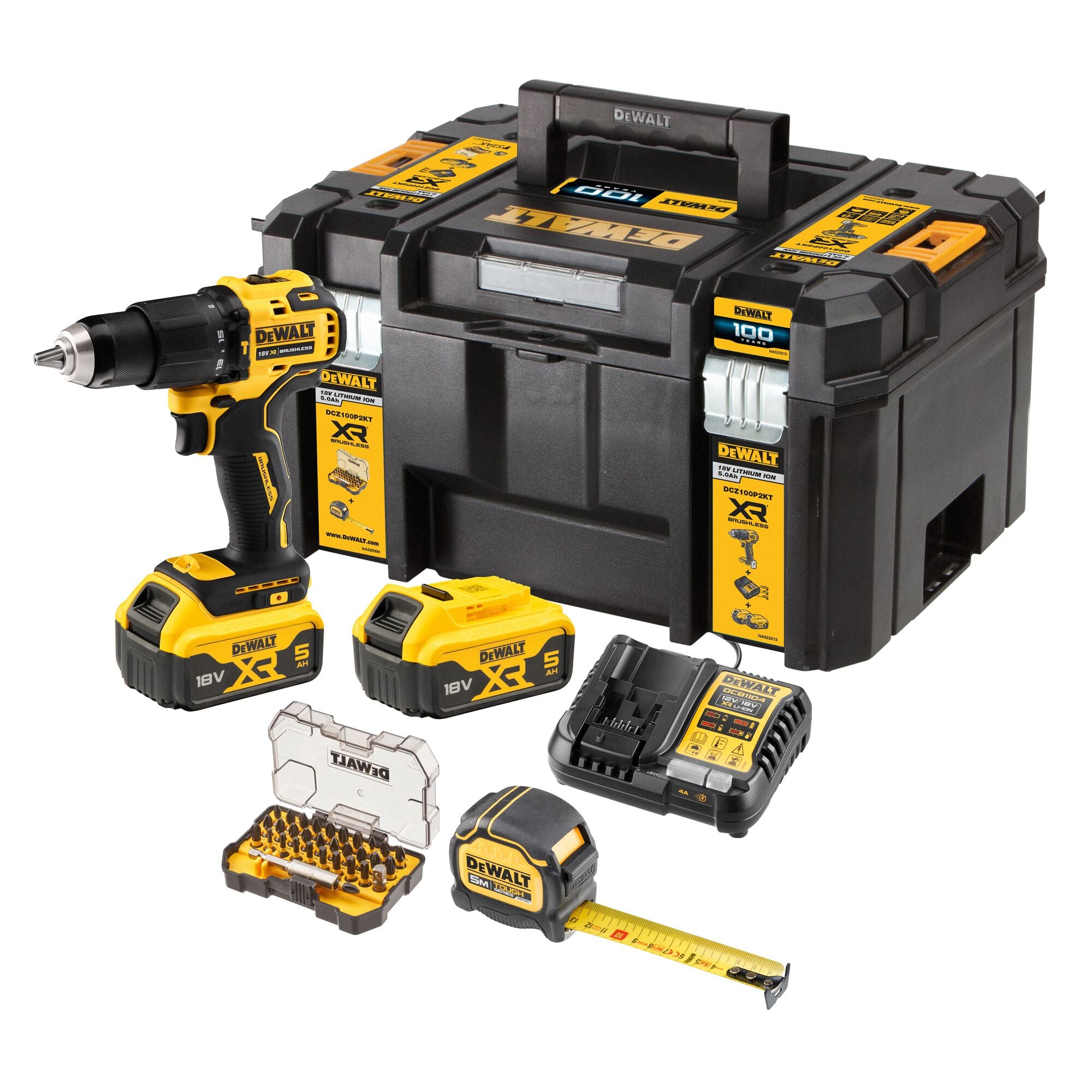 DeWalt DCZ 100 P2KT Akku Schlagbohrschrauber Set DCD709 18 V 65 Nm 2x Akku 5 0 Ah Ladegeraet Massband Bit Set TSTAK 0 - toolbrothers