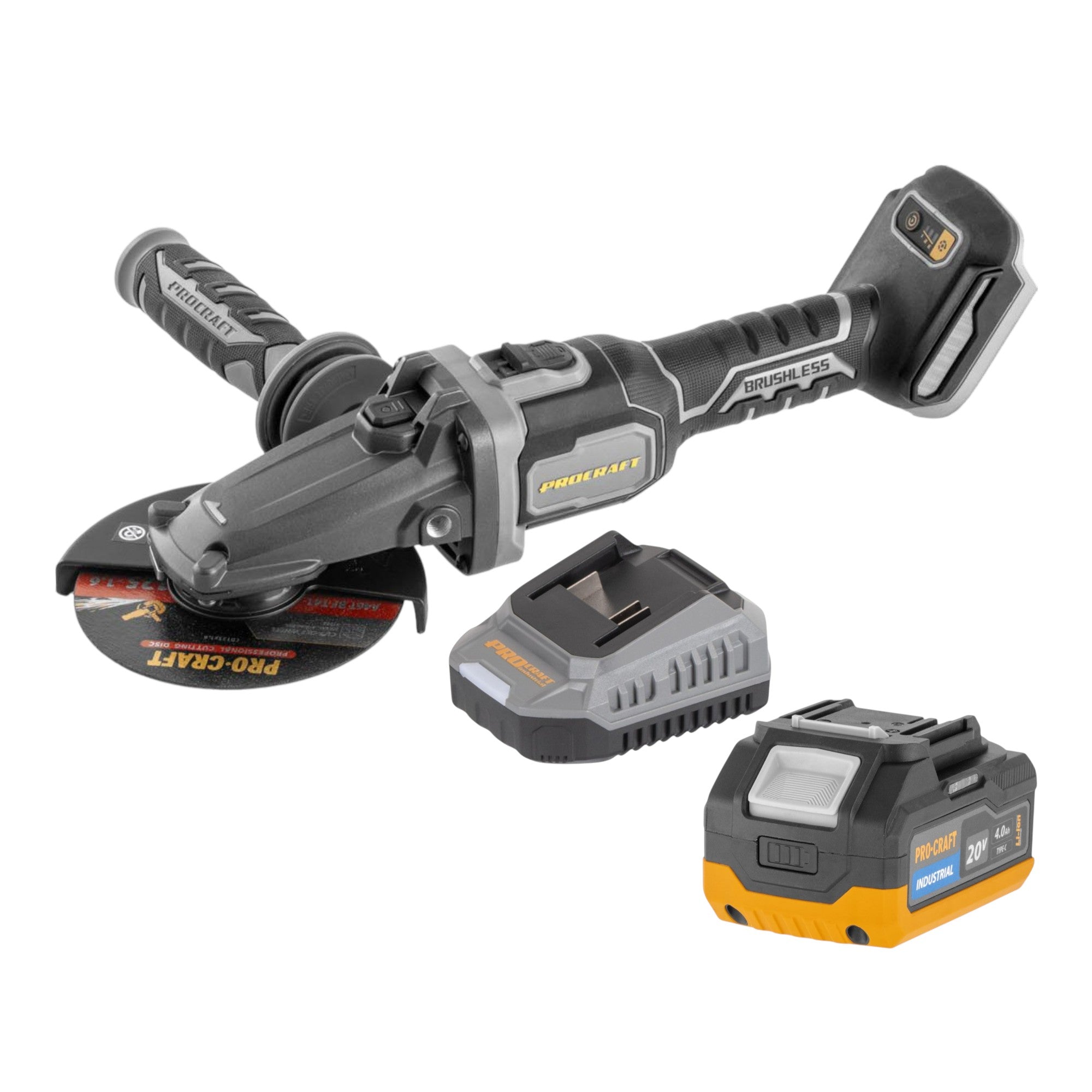 Procraft Industrial AG125Cbb Akku Flachkopf Winkelschleifer 20 V 125 mm Brushless 1x Akku 4 0 Ah Ladegeraet 0 - toolbrothers