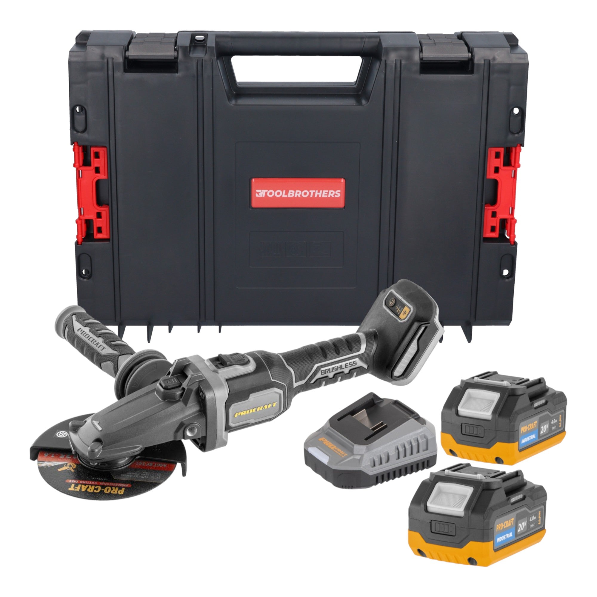Procraft Industrial AG125Cbb Akku Flachkopf Winkelschleifer 20 V 125 mm Brushless 2x Akku 4 0 Ah Ladegeraet RHINO Toolcase 0 - toolbrothers