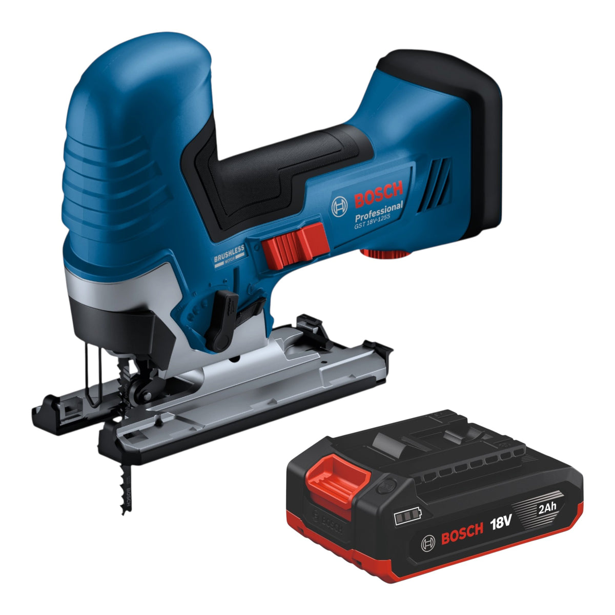 Scie sauteuse sans fil Bosch GST 18V-125 S Professional 18 V, 125 mm, sans balais + 1 batterie de 2,0 Ah - sans chargeur