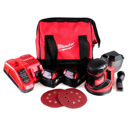 Milwaukee M18 BOS125-502B Akku Exzenterschleifer 18 V 125 mm + 2x Akku 5,0 Ah + Ladegerät + Tasche - Toolbrothers