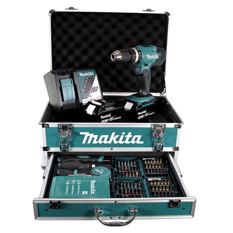 Makita DHP 453 RFX2 Akku Schlagbohrschrauber 18 V 42Nm + 2x Akku 3,0Ah + Ladegerät + 96tlg. Bit Bohrer Set + Koffer - Toolbrothers