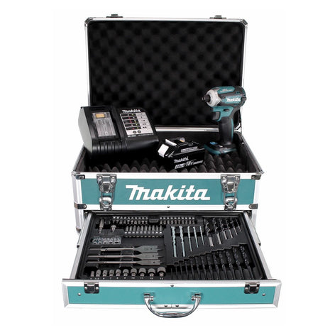 Makita DTD 171 SMX4 llave de impacto a batería 18 V 180 Nm 1/4" sin escobillas + 1x batería 4,0 Ah + cargador + juego de brocas de 70 piezas + estuche