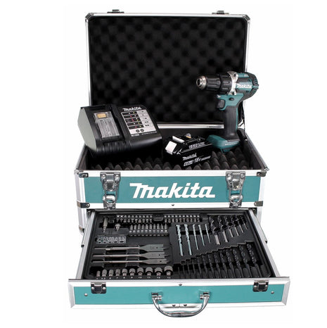 Llave de impacto inalámbrica Makita DDF 484 SGX4 18 V 54 Nm sin escobillas + 1x batería 6,0 Ah + cargador + 70 piezas. Juego de brocas + estuche