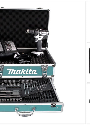 Perceuse à percussion sans fil Makita DHP 482 W SMX4 18 V 62 Nm + 1x batterie 4,0 Ah + chargeur + 70 pièces. Coffret forets + coffret