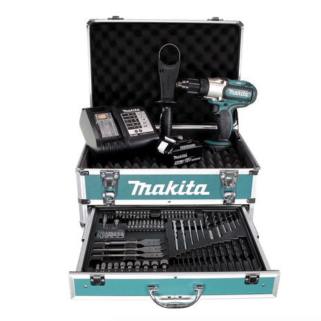 Makita DDF 451 STX4 Perceuse-visseuse sans fil 18V 80Nm + 1x batterie 5,0Ah + chargeur + 70tlg. Jeu de forets à embouts + Coffret