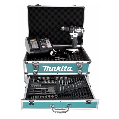 Perceuse à percussion sans fil Makita DHP 482 W STX4 18 V 62 Nm + 1x batterie 5,0 Ah + chargeur + 70 pièces. Coffret forets + coffret